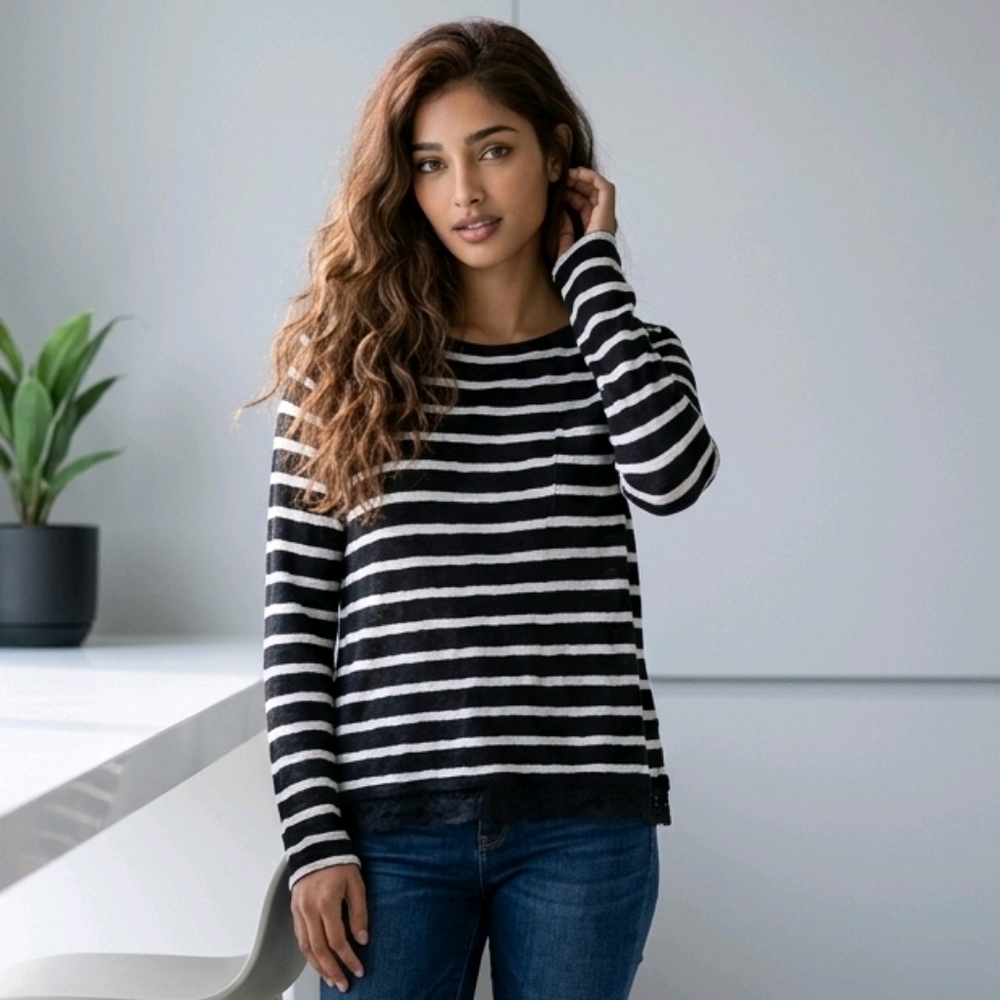 Black White Striped Sweater XL WHBM Lace Split Back Lightweight Knit Top Chic